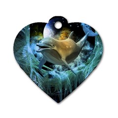 Funny Dolphin In The Universe Dog Tag Heart (two Sides)