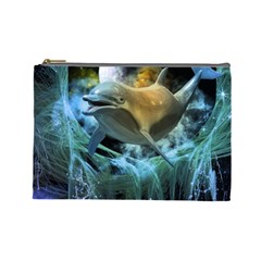 Funny Dolphin In The Universe Cosmetic Bag (large)  by FantasyWorld7