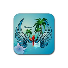 Summer Design With Cute Parrot And Palms Rubber Coaster (square) 
