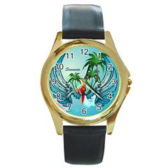 Summer Design With Cute Parrot And Palms Round Gold Metal Watches