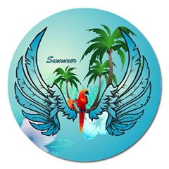 Summer Design With Cute Parrot And Palms Magnet 5  (round)
