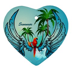 Summer Design With Cute Parrot And Palms Heart Ornament (2 Sides)