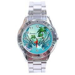 Summer Design With Cute Parrot And Palms Stainless Steel Men s Watch