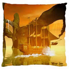 Awesome Sunset Over The Ocean With Ship Large Cushion Cases (two Sides)  by FantasyWorld7