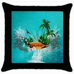 Surfboard With Palm And Flowers Throw Pillow Cases (Black) Front