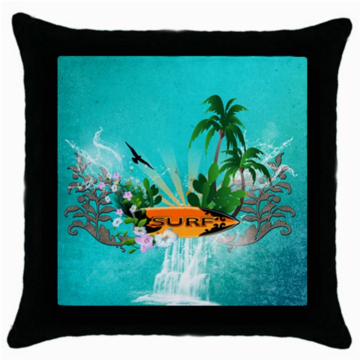 Surfboard With Palm And Flowers Throw Pillow Cases (Black)