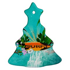 Surfboard With Palm And Flowers Christmas Tree Ornament (2 Sides) by FantasyWorld7