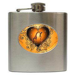 Funny Cute Giraffe With Your Child In A Heart Hip Flask (6 Oz) by FantasyWorld7