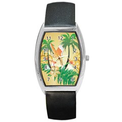 Funny Budgies With Palm And Flower Barrel Metal Watches by FantasyWorld7