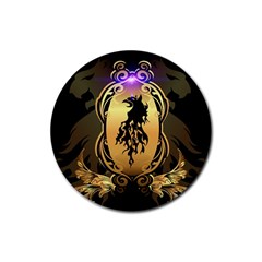 Lion Silhouette With Flame On Golden Shield Rubber Round Coaster (4 Pack)  by FantasyWorld7