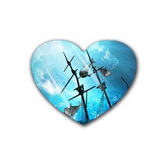 Underwater World With Shipwreck And Dolphin Rubber Coaster (heart)  by FantasyWorld7