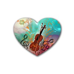 Violin With Violin Bow And Key Notes Rubber Coaster (heart)  by FantasyWorld7