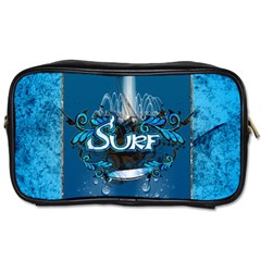 Surf, Surfboard With Water Drops On Blue Background Toiletries Bags by FantasyWorld7