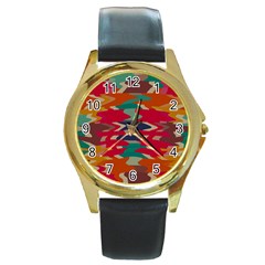 Retro Colors Distorted Shapes			round Gold Metal Watch by LalyLauraFLM