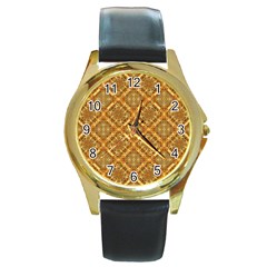 Luxury Check Ornate Pattern Round Gold Metal Watch by dflcprints