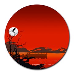 Tropical Birds Orange Sunset Landscape Round Mousepads by WaltCurleeArt