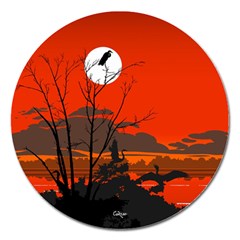 Tropical Birds Orange Sunset Landscape Magnet 5  (round) by WaltCurleeArt