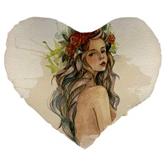 Beauty Of A Woman In Watercolor Style Large 19  Premium Flano Heart Shape Cushions by TastefulDesigns