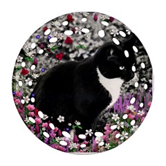 Freckles In Flowers Ii, Black White Tux Cat Round Filigree Ornament (2side) by DianeClancy