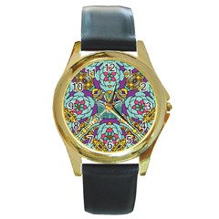 Mariager - Bold Blue,purple And Yellow Flower Design Round Gold Metal Watch by Zandiepants