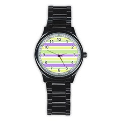 Yellow Purple Green Stripes Stainless Steel Round Watch by BrightVibesDesign