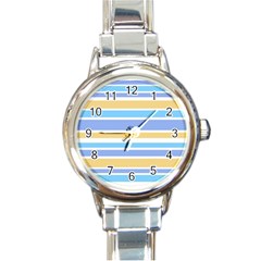 Blue Yellow Stripes Round Italian Charm Watch by BrightVibesDesign