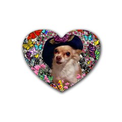 Chi Chi In Butterflies, Chihuahua Dog In Cute Hat Rubber Coaster (heart)  by DianeClancy