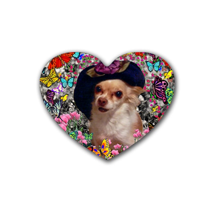 Chi Chi In Butterflies, Chihuahua Dog In Cute Hat Rubber Coaster (Heart) 