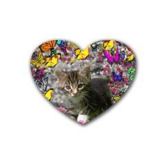 Emma In Butterflies I, Gray Tabby Kitten Rubber Coaster (heart)  by DianeClancy
