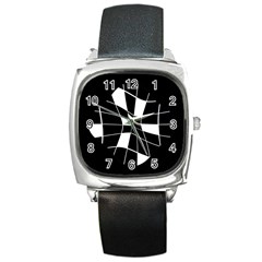 Black And White Abstract Flower Square Metal Watch by Valentinaart