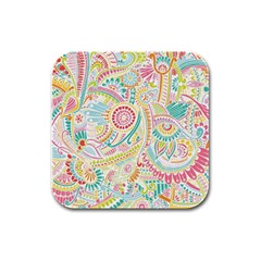 Hippie Flowers Pattern, Pink Blue Green, Zz0101 Rubber Square Coaster (4 Pack) by Zandiepants