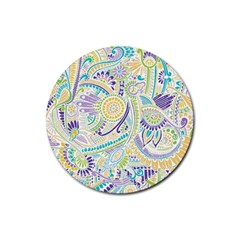 Purple, Green, Yellow Hippie Flowers Pattern, Zz0104, Rubber Coaster (round) by Zandiepants