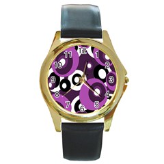 Purple Pattern Round Gold Metal Watch by Valentinaart