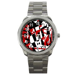 Red, Black And White Chaos Sport Metal Watch by Valentinaart