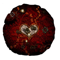 Steampunk, Wonderful Heart With Clocks And Gears On Red Background Large 18  Premium Flano Round Cushions by FantasyWorld7