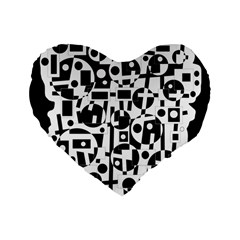 Black And White Abstract Chaos Standard 16  Premium Flano Heart Shape Cushions by Valentinaart