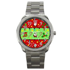 Christmas Pattern - Green And Red Sport Metal Watch by Valentinaart