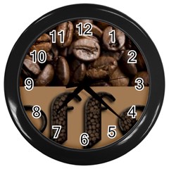 Funny Coffee Beans Brown Typography Wall Clocks (black) by yoursparklingshop