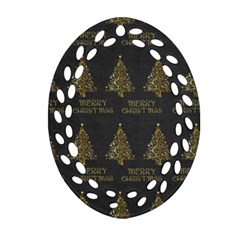 Merry Christmas Tree Typography Black And Gold Festive Oval Filigree Ornament (2-side)  by yoursparklingshop