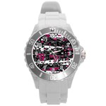 Magenta, white and gray decor Round Plastic Sport Watch (L)