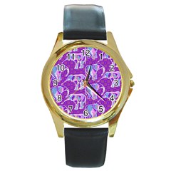 Cute Violet Elephants Pattern Round Gold Metal Watch