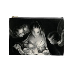 Nativity Scene Birth Of Jesus With Virgin Mary And Angels Black And White Litograph Cosmetic Bag (large)  by yoursparklingshop