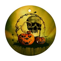 Halloween, Funny Pumpkins And Skull With Spider Ornament (round)  by FantasyWorld7
