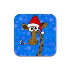 Xmas Giraffe - Blue Rubber Square Coaster (4 Pack)  by Valentinaart
