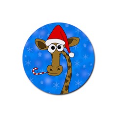 Xmas Giraffe - Blue Rubber Round Coaster (4 Pack)  by Valentinaart