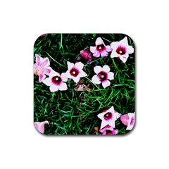 Pink Flowers Over A Green Grass Rubber Square Coaster (4 Pack)  by DanaeStudio
