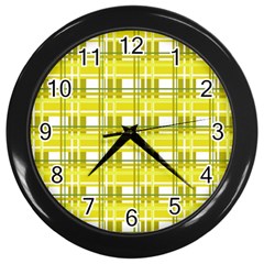 Yellow Plaid Pattern Wall Clocks (black) by Valentinaart