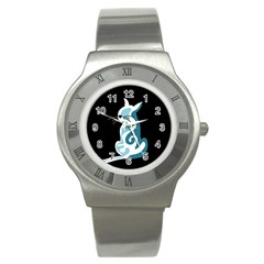 Blue Abstract Cat Stainless Steel Watch by Valentinaart