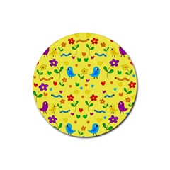 Yellow Cute Birds And Flowers Pattern Rubber Coaster (round)  by Valentinaart