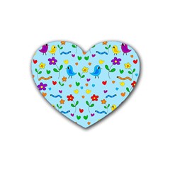 Blue Cute Birds And Flowers  Heart Coaster (4 Pack)  by Valentinaart